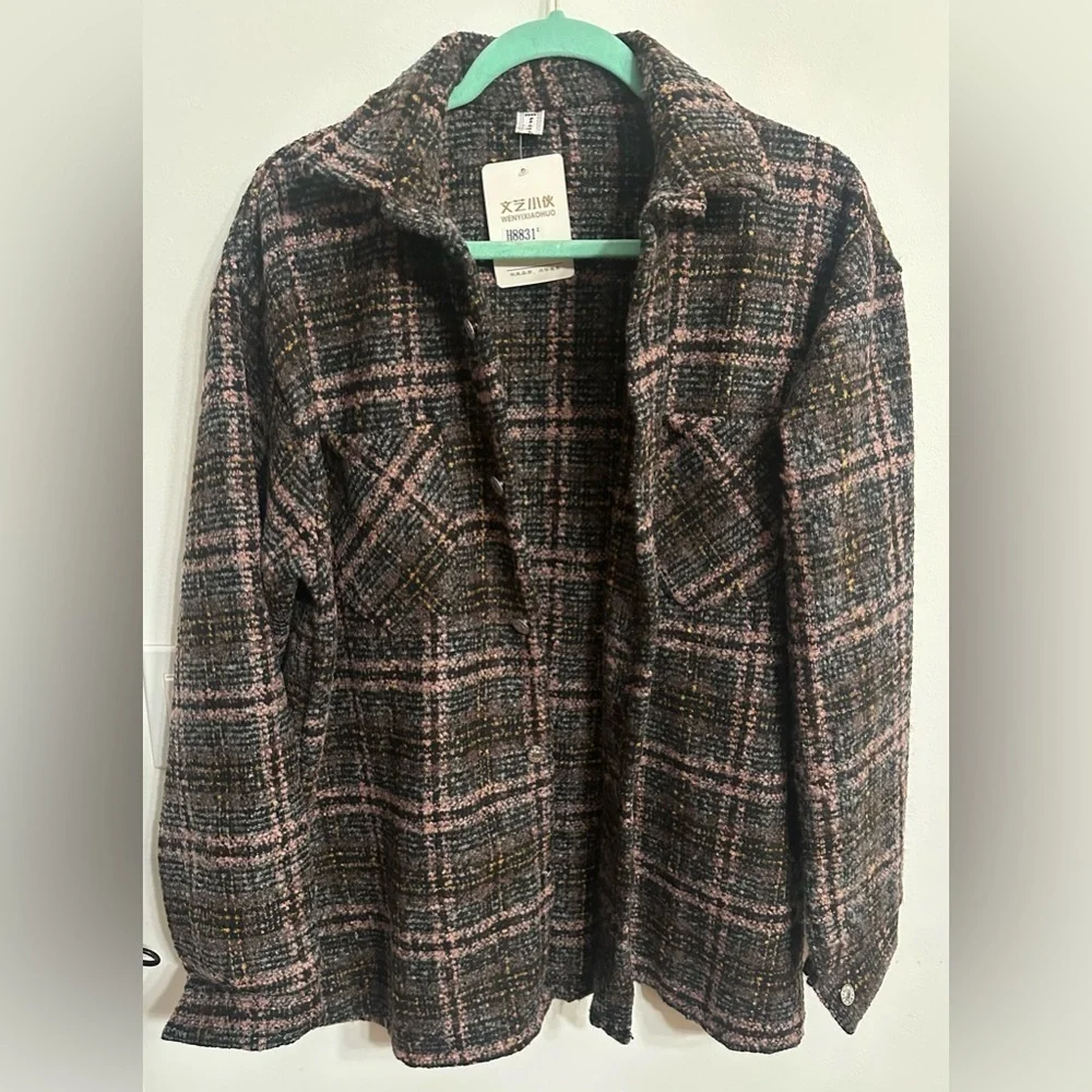 Unisex Shacket thick shirt plaid pink grey brown size xxl NWT